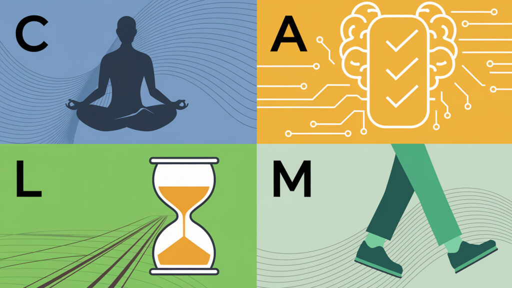 Icons and colors representing CALM: Center, Assess, Look ahead, Move with intention.