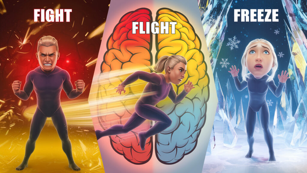 Visual of brain showing fight, flight, and freeze stress responses in action.