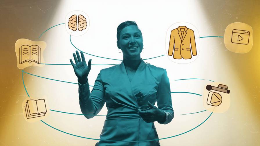 Confident speaker under a spotlight, surrounded by icons of a brain, book, jacket, and camera